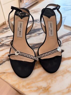 Jimmy Choo Blk Satin Crystal Sandal Sz 39/8.5